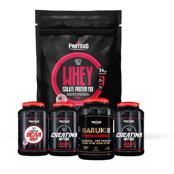 Kit Whey Protein Iso Mix 39gr + Creatina + Bcaa + Pré Treino Cafeina