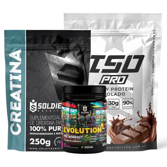 Imagem de Kit: Whey Protein Isolado ISO PRO 1kg + Creatina Monohidratada 250g + Pré-Treino Evolution - Soldiers Nutrition