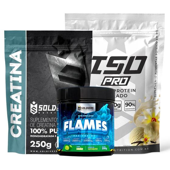 Imagem de Kit: Whey Protein Isolado ISO PRO 1kg + Creatina Monohidratada 250g + Pré-Treino Flames - Soldiers Nutrition