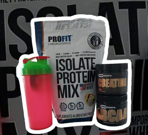 Kit whey protein isolate mix pro fit (sabor baunilha)+bcaa pro corps+creatina pro corps+garrafa