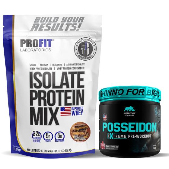 Imagem de Kit Whey Protein Mix 1,8Kg Profit Chocolate C/Amendoim + Pré Treino Posseidon Cereja