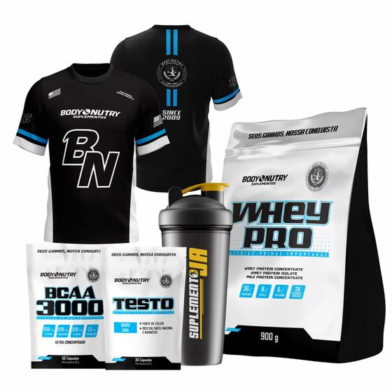 Imagem de Kit Whey Protein + Testo + Bcaa + Camiseta Dry + Coqueteleira 