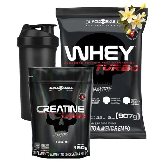 Imagem de Kit Whey Protein Turbo + Creatina Black Skull+ Coqueteleira 