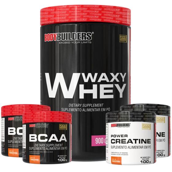 Kit Whey Protein Waxy Whey Pote 900g 2x BCAA 100g 2x Power Creatina 100g Bodybuilders Imagem de Kit Whey Protein Waxy Whey Pote 900g 2x BCAA 100g 2x Power Creatina 100g Bodybuilders