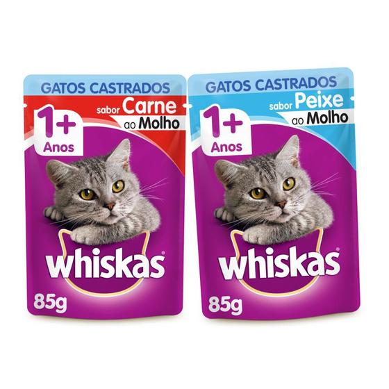 Imagem de Kit Whiskas Sachê Gatos Adultos Castrados Carne + Peixe - 60 Unidades
