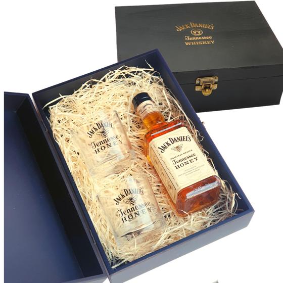 Kit Whisky Jack Daniels Mel Honey 375ml + 2 Copos + Caixamdf Up