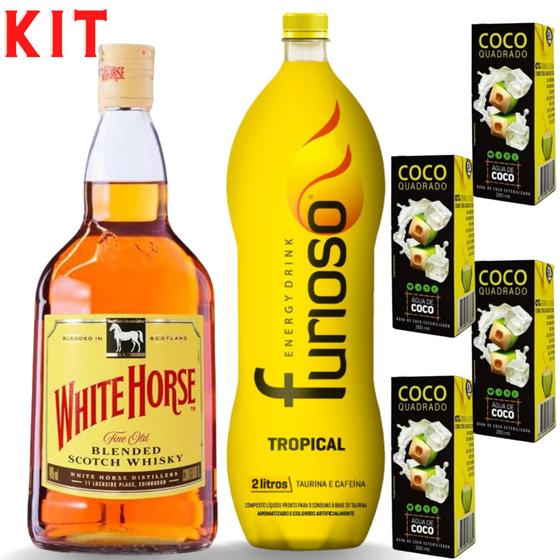 Kit whisky White Horse 1L com energético furioso 2L e 4 gelos de coco