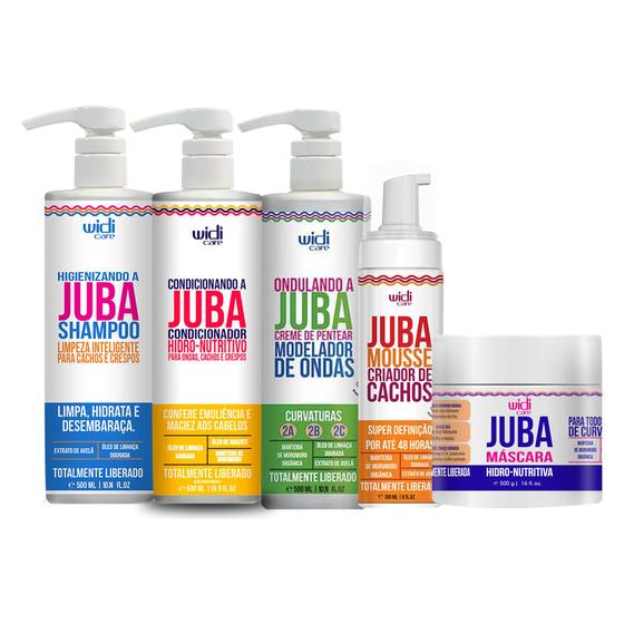 Imagem de Kit Widi Juba Shampoo 500ml, Condicionador 500ml, Ondulando 500ml, Máscara 500g, Mousse 180g