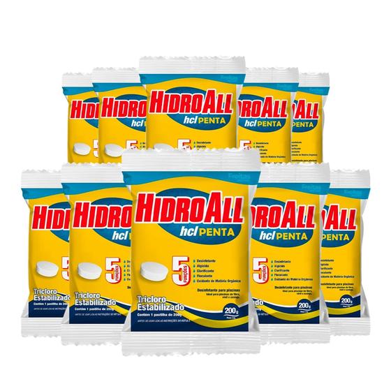 Kit x10 Cloro Pastilha 5Em1 HCL Penta 200gr HIDROALL Menor preço em Kit x10 Cloro Pastilha 5Em1 HCL Penta 200gr HIDROALL