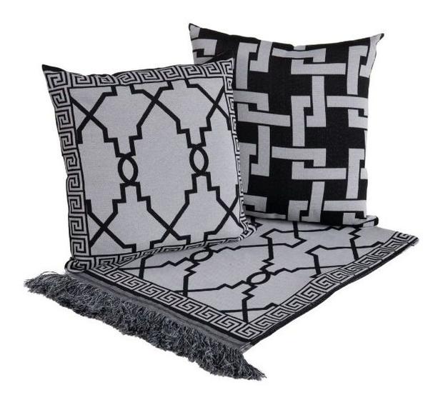 Imagem de Kit Xale Manta E Almofadas Jacquard Decorativas Sofá 5 Peças Estampado Preto