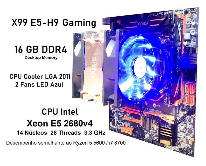 Imagem de Kit Xeon X99 Gaming + Xeon E5 2680v4 14 Núcleos (Ryzen 5 5600) + 16GB DDR4 + Cooler 2 Fans LED - Int
