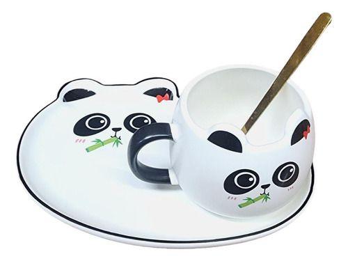 Imagem de Kit Xícara Cerâmica Panda Com Pires Prato Colher Para Café 