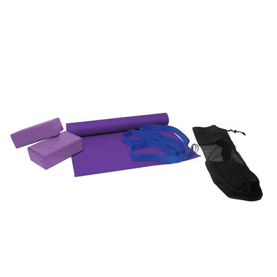 Imagem de Kit Yoga e Pilates Bolsa Blocos Cinta Tapete Esteira Exercicio Roxo