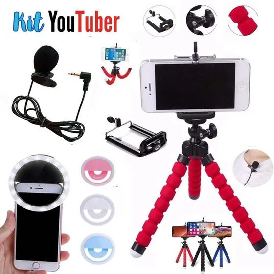 Imagem de Kit Youtuber 12 - Luz de Selfie + Mini Tripe + SUPORTE + Microfone Lapela 04PÇ