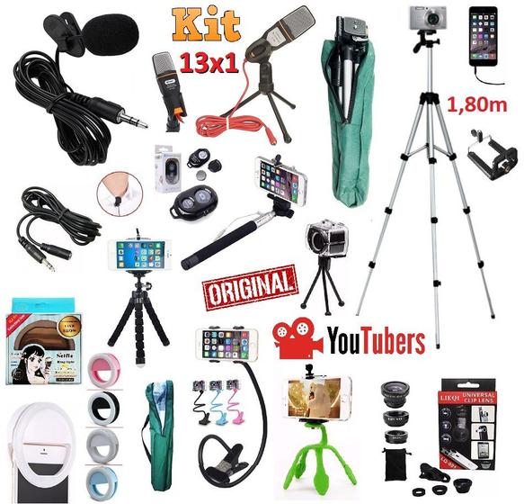 Imagem de Kit Youtuber 13x1 Tripé 1,80m Lapela Microfone Mesa Celular Iphone Android Universal + Flash Kit Lentes + Bastão Selfie