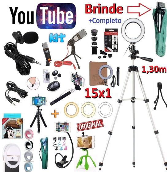 Imagem de Kit Youtuber 15x1 Profissional Tripé 1,30m Lapela + Microfone Mesa Celular + Iluminador Luz Ring Light Flash + Bastão