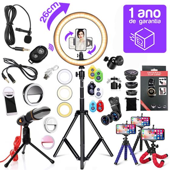 Kit Youtuber 9x1 Tripé 2,10m Ring Light de 26cm Microfone Condensador Lentes Fisheye Tiktoker Menor preço em Kit Youtuber 9x1 Tripé 2,10m Ring Light de 26cm Microfone Condensador Lentes Fisheye Tiktoker