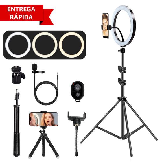 Imagem de Kit Youtuber Iluminador Completo Aro 10 Polegadas com Tripe 2,10m Ring Light Blogueiro Make