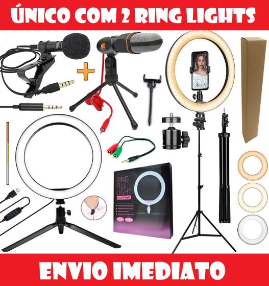 Imagem de Kit Youtuber Microfone Condensador de Mesa Profissional Luz Led Iluminador 2 Ring Light Tripé Gravação de Vídeo Celular