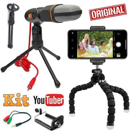 Imagem de Kit Youtuber Microfone Condensador Mesa Profissional Pc Câmera Celular Smartphone Universal + Mini Tripé Flexível