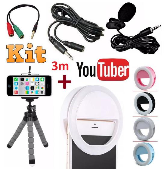 Imagem de Kit Youtuber Microfone De Lapela Para Celular Smartphone + Flash Led Anel Recarregável + Mini Tripé Flexível Extensão 3m