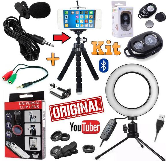 Imagem de Kit Youtuber Microfone Lapela Tripé Câmera Celular + Iluminador Flash Luz Ring Light Anel Lentes Universal