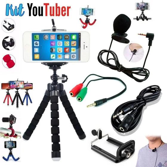 Imagem de Kit Youtuber Mini Tripe Celular + Microfone Lapela + Cabo Adaptador + Cabo Extensor ( 04 produtos )