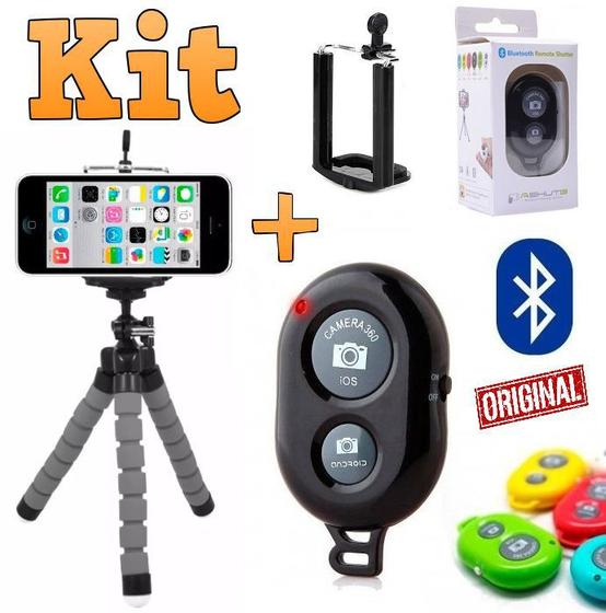 Imagem de Kit Youtuber Mini Tripé Flexível Para Câmera Celular Universal + Controle Disparador Bluetooth Foto Vídeo