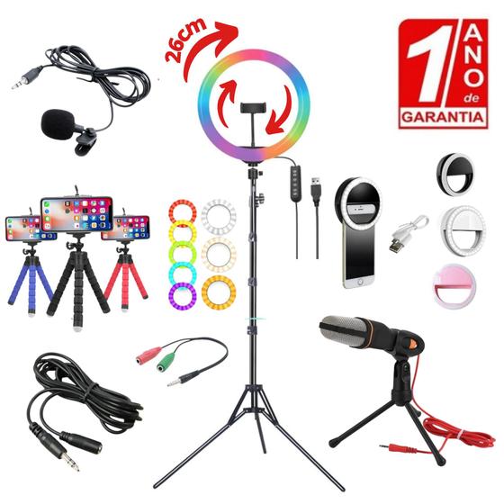 Imagem de Kit Youtuber Podcast Ring Light Colorido RGB 26cm 10" com Tripé Pedestal Celular