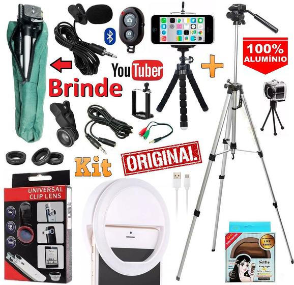 Imagem de Kit Youtuber Profissional Tripé 1,30m + Microfone Lapela Celular Universal Luz Led Mini Ring Light Lente Olho Peixe