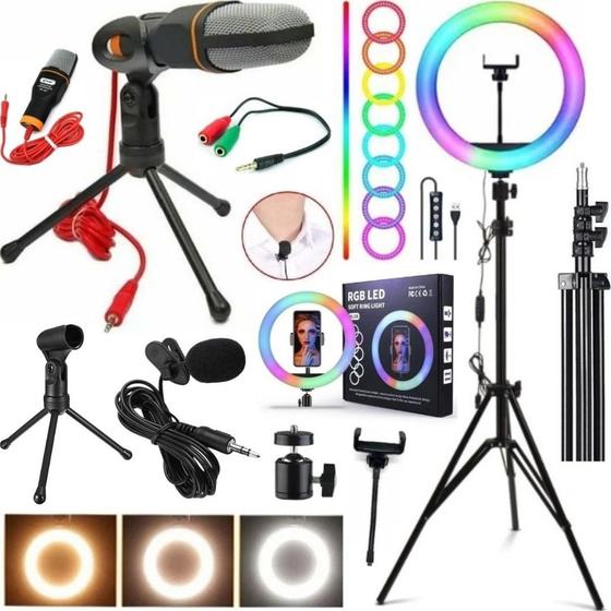 Imagem de Kit Youtuber Ring Light RGB tripé Microfone Condensador Lapela Acessórios Filmagem Gravação Celular