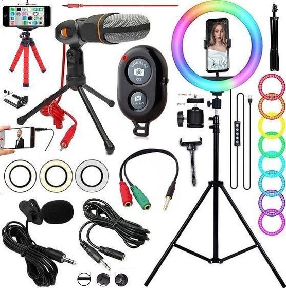 Imagem de Kit Youtuber Suporte Celular Tripé Luz Led Iluminação Ring Light Rgb Colorida + Microfone Profissional Gravação de Vídeo