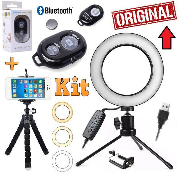 Imagem de Kit Youtuber Tripé Flexível Câmera Celular Smartphone Universal + Iluminador Anel Led Ring Light Flash + Bluetooth