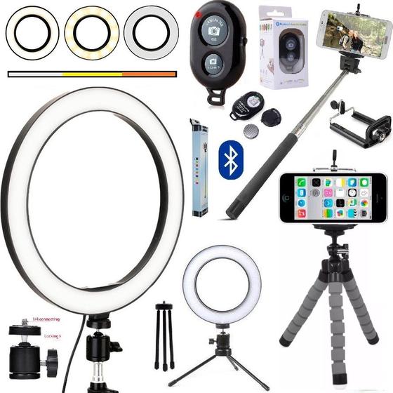 Imagem de Kit Youtuber Tripé Flexível Para Celular Iluminador Ring Light Pau de Selfie Controle Bluetooth Universal