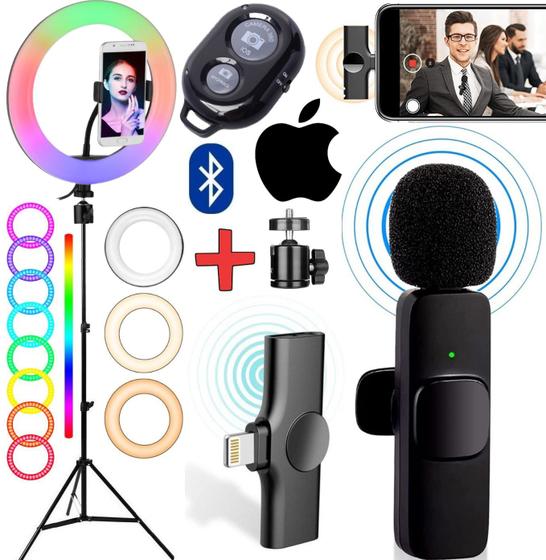 Imagem de Kit Youtuber Tripé Para Celular Microfone Lapela Sem Fio iPhone + Luz Iluminador Ring Light Rgb Colorida Gravação Vídeo