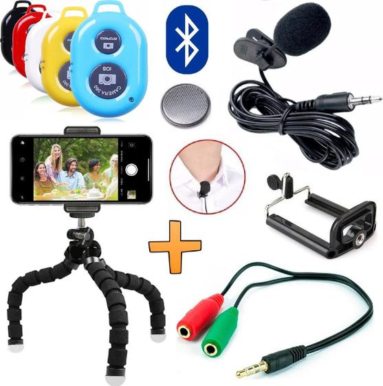 Imagem de Kit Youtuber Tripé Para Celular Smartphone Universal Microfone de Lapela + Controle Bluetooth Foto Vídeo