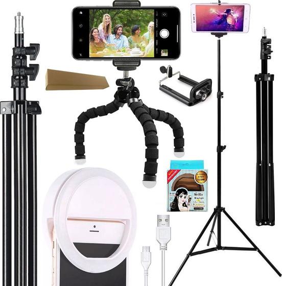 Imagem de Kit Youtuber Tripé Pedestal Para Câmera Celular Smartphone + Iluminador Luz Flash Led Iluminador Ring Light Universal