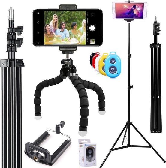 Imagem de Kit Youtuber Tripé Profissional Celular Smartphone Câmera Pedestal + Tripé Flexível + Controle Bluetooth Universal