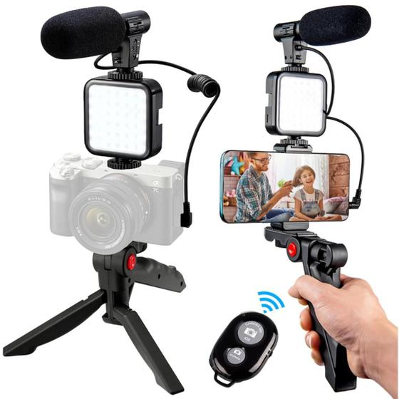Imagem de Kit Youtuber Vlog Filmagem Gravação Tripé Celular Suporte Microfone Led Com Controle