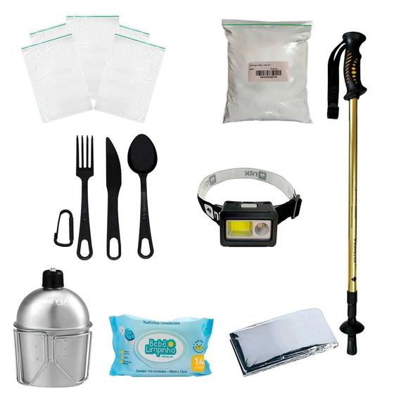 Imagem de Kit Ziplock + Talher + cantil + Lanterna + Lenço + Bastão