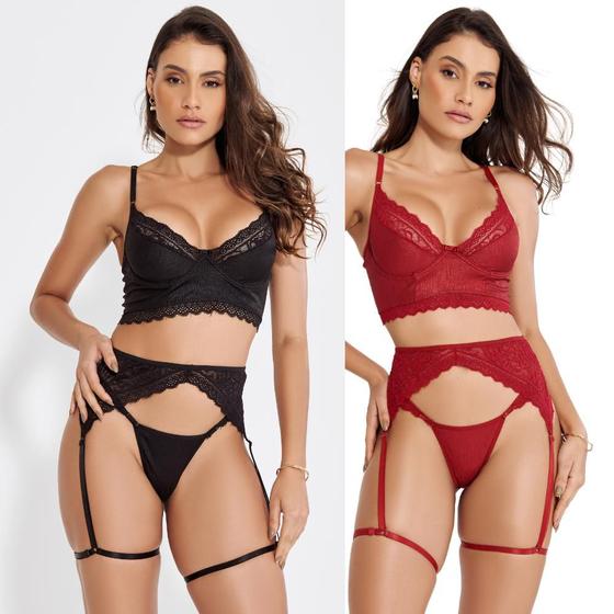 Imagem de Kit3 Conjunto Lingerie Cropped Calcinha Sem Bojo Cinta Liga