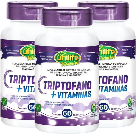 Imagem de L-Triptofano + Vitaminas B6 Niacina Magnésio 60 cápsulas de 400mg Vegano Kit com 3