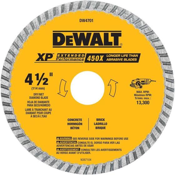 Imagem de Lâmina de diamante DEWALT DW4701 para corte úmido/seco de 4,5 polegadas