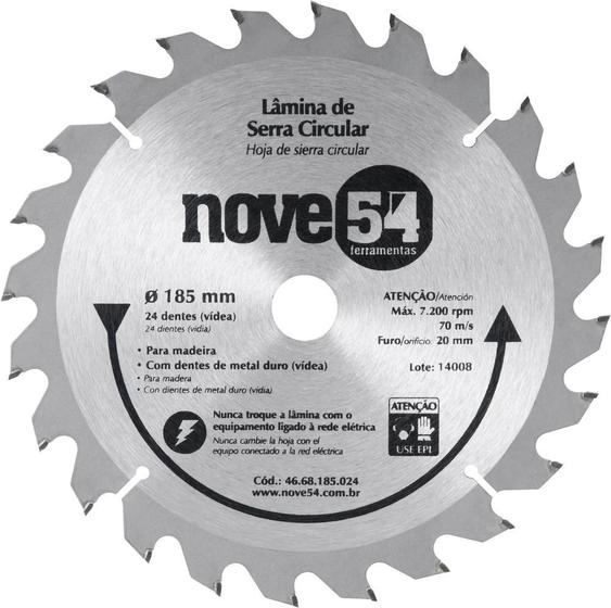 Imagem de Lamina Serra Circular Vídea 185x20x2,2mm 24 Dentes 7200 Rpm 