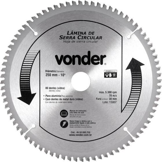 Imagem de Lamina serra circular vídea 250x30x2,9mm 80 dentes 5300 rpm para alumínio - Vonder