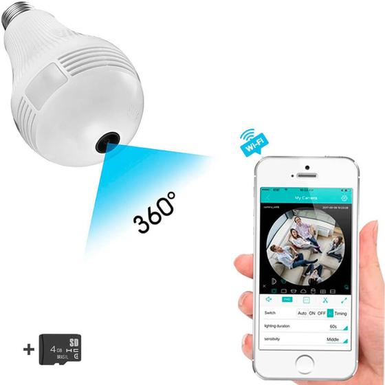 Imagem de Lâmpada com Câmera Espiã  IP LED WIFI 360 + Cartão 4GB