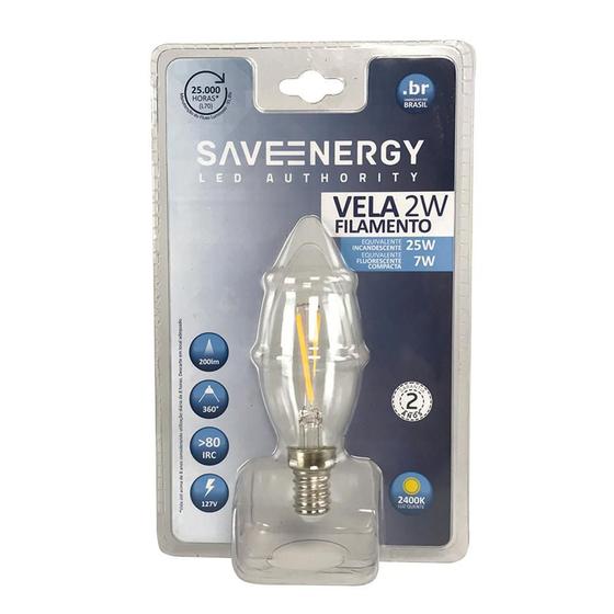 Lâmpada de Led Vela Filamento 2W 2400K E14 - Save Energy - 127V Menor preço em Lâmpada de Led Vela Filamento 2W 2400K E14 - Save Energy - 127V