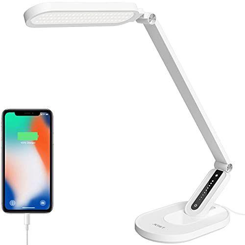 Imagem de Lâmpada de mesa de LED, lâmpadas de mesa de cuidado de olhos JKSWT Luz natural protege os olhos lâmpada de escritório dimmable com 5 modos de cor Controle de toque da porta de carregamento USB e função de memória, lâmpada de leitura de 10W