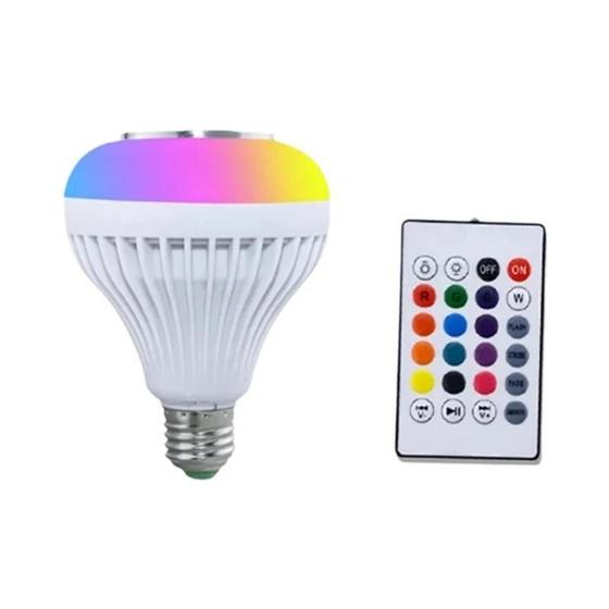 Imagem de Lâmpada Inteligente Bluetooth RGB 12W E27 - Alto-falante com Controle Remoto e Luz Colorida Regulável