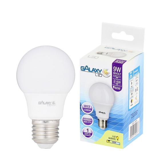 Imagem de Lampada led bulbo a60 9w branco quente 3000k bivolt e27 - galaxy led